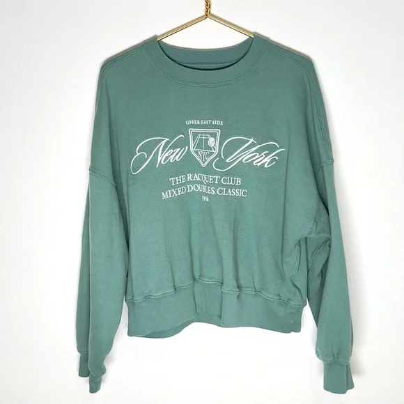 Abercrombie Graphic Pullover Sweatshirt Cropped Green Tennis Classic New York L - Picture 1 of 4